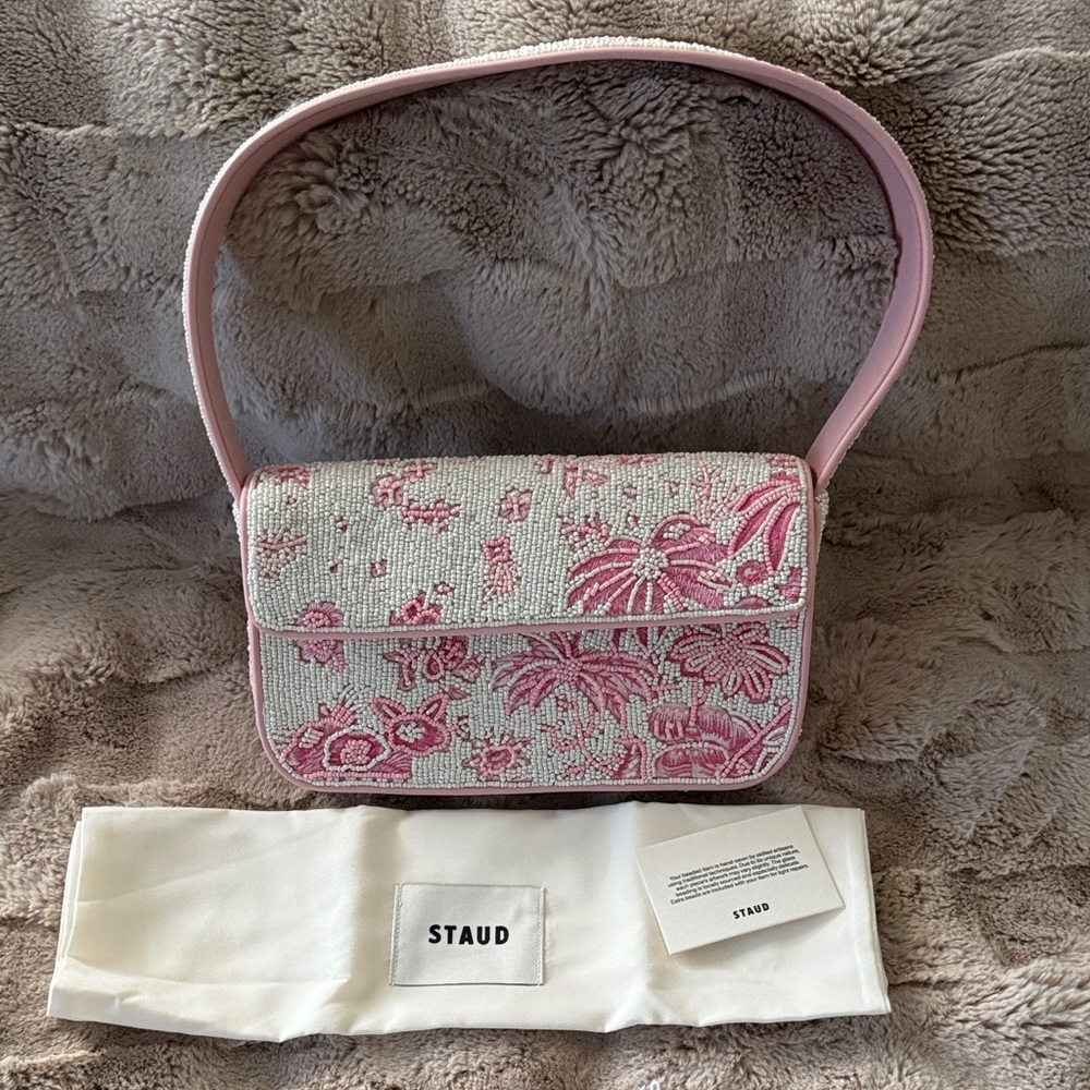 STAUD Pink and White Beaded Shoulder Bag